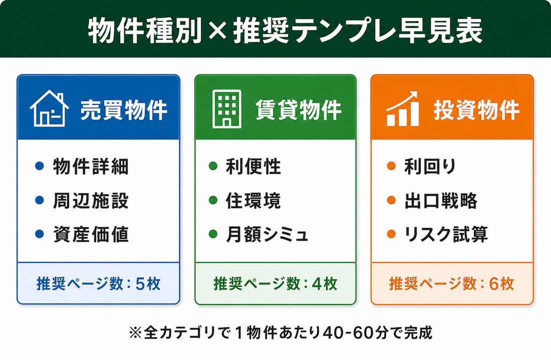 不動産物件種別×イルシルテンプレ｜売買5枚・賃貸4枚・投資6枚の推奨ページ数早見表