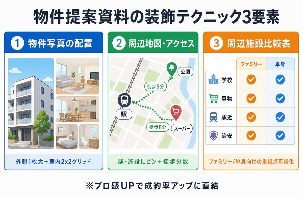 不動産物件提案資料の装飾テク3要素｜物件写真配置／周辺地図／施設比較表