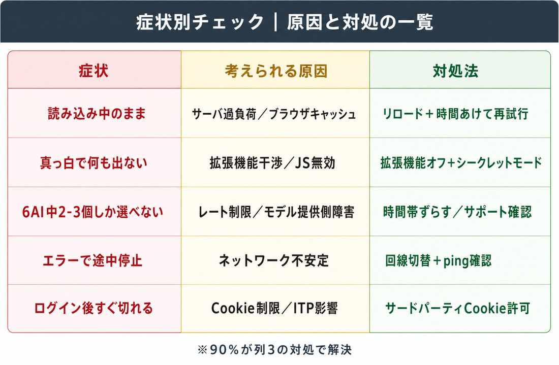 天秤AI 症状×原因×対処マトリクス｜読み込み中／真っ白／6AI中2-3個／エラー停止／ログイン切断の5症状を網羅