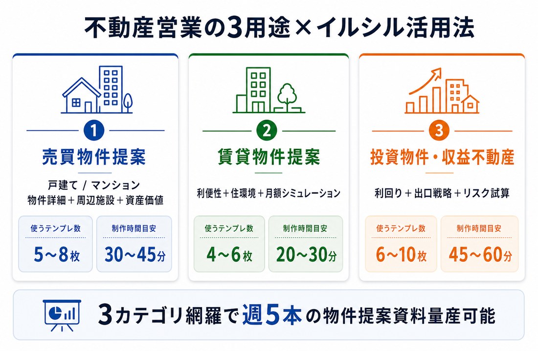 イルシル×不動産業界｜売買・賃貸・投資物件の3用途別テンプレ活用マップ
