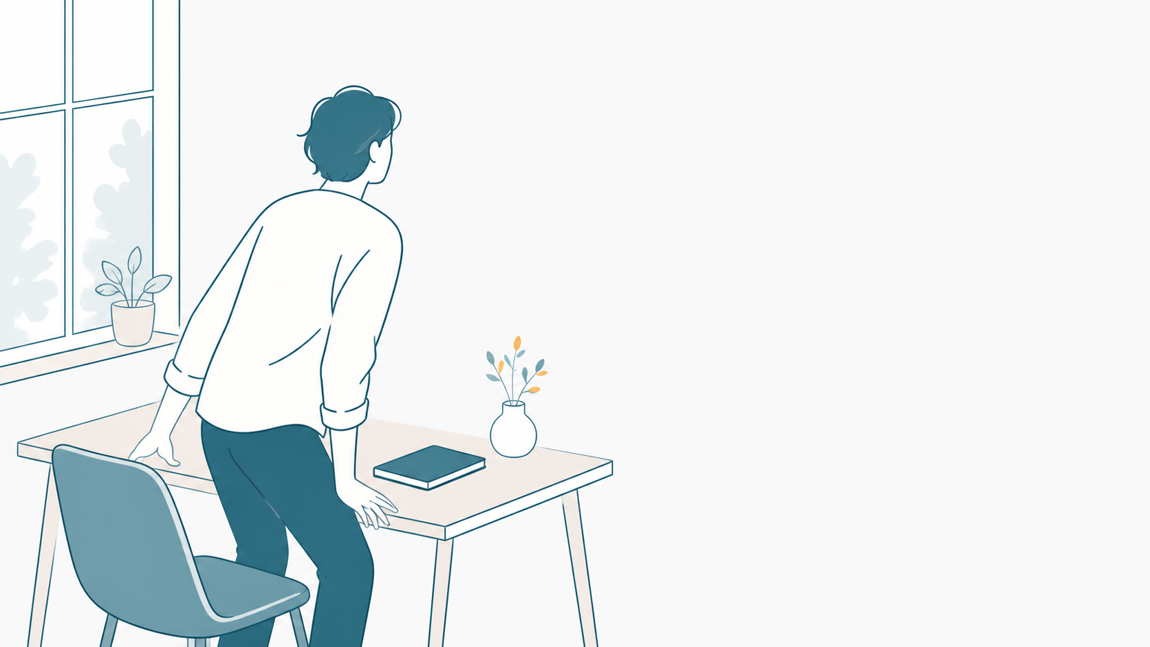 ノートを閉じて席を立とうとしている人のイメージイラスト（その場で決めず持ち帰って判断することを表しています）