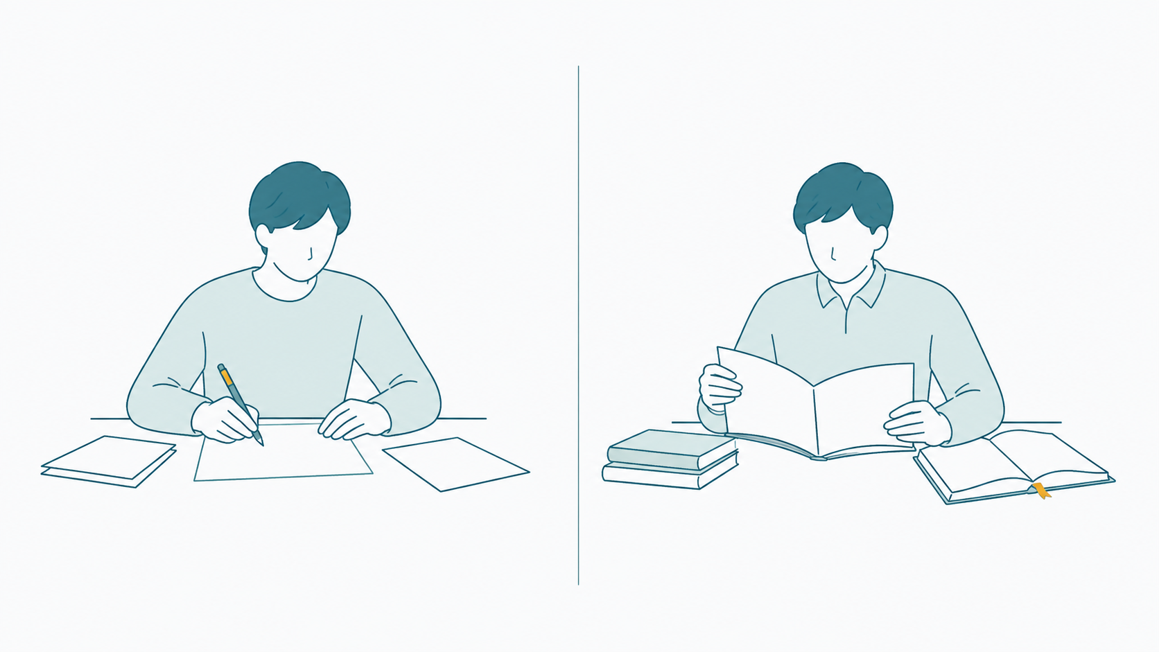 紙にメモを書く人と、本を読んで学ぶ人を左右に並べたイメージイラスト