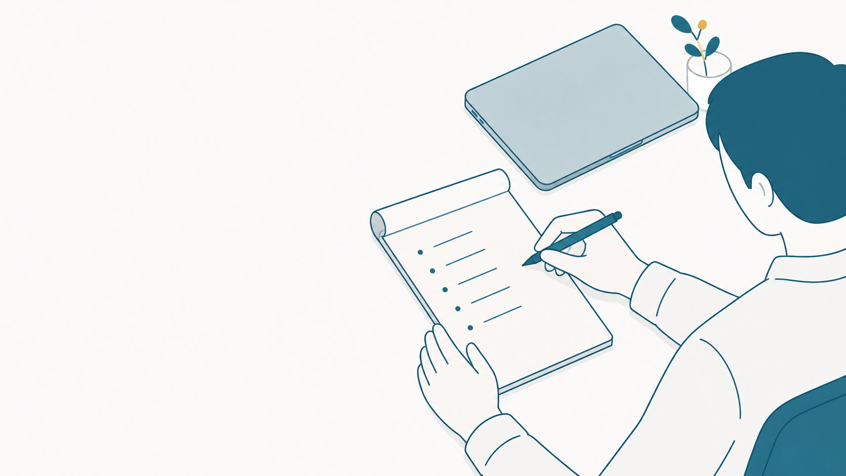 閉じたノートPCの横で、メモ帳に箇条書きを書き留めている人のイメージイラスト（実際のセミナーの様子ではありません）