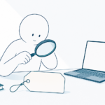 机に置かれた無料を表す札を虫めがねで静かに覗く人のイラスト（AI無料セミナーはなぜ無料か・記事アイキャッチ）