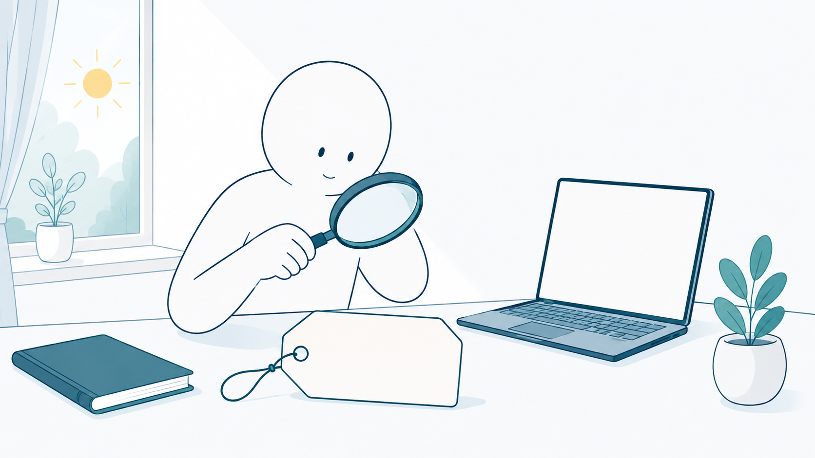 机に置かれた無料を表す札を虫めがねで静かに覗く人のイラスト（AI無料セミナーはなぜ無料か・記事アイキャッチ）