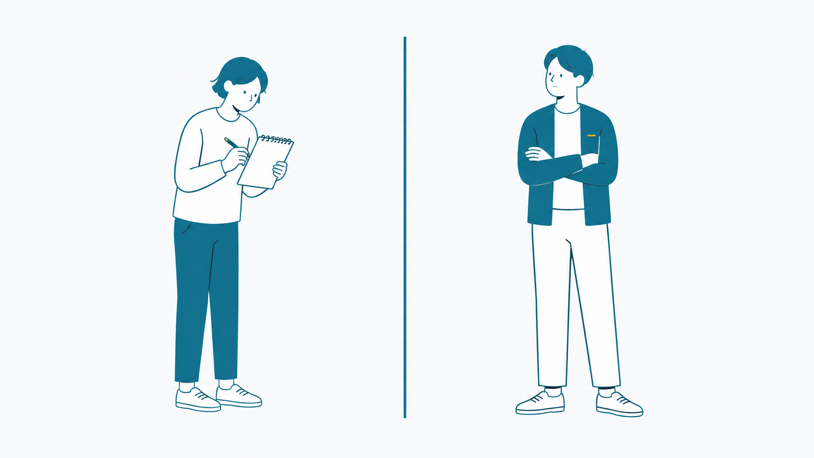 縦線で分かれ、左でメモを取る人と右で腕を組む人のイラスト（向き不向き）