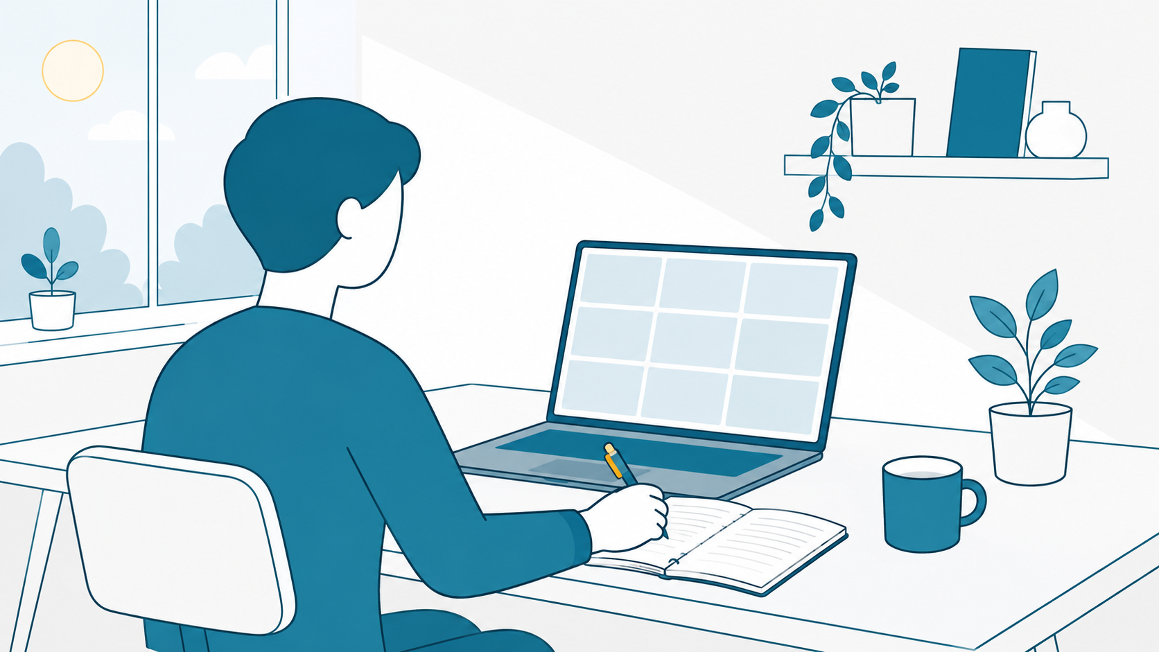 机でノートPCのビデオ通話の枠を見ながらノートにメモを取る人のイラスト(まとめ)