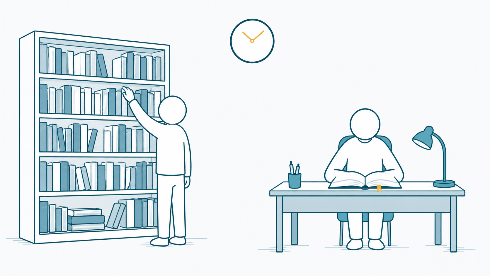 本棚から自由に本を取る人と、1冊を机で集中して読む人のイラスト(学び方と期間)