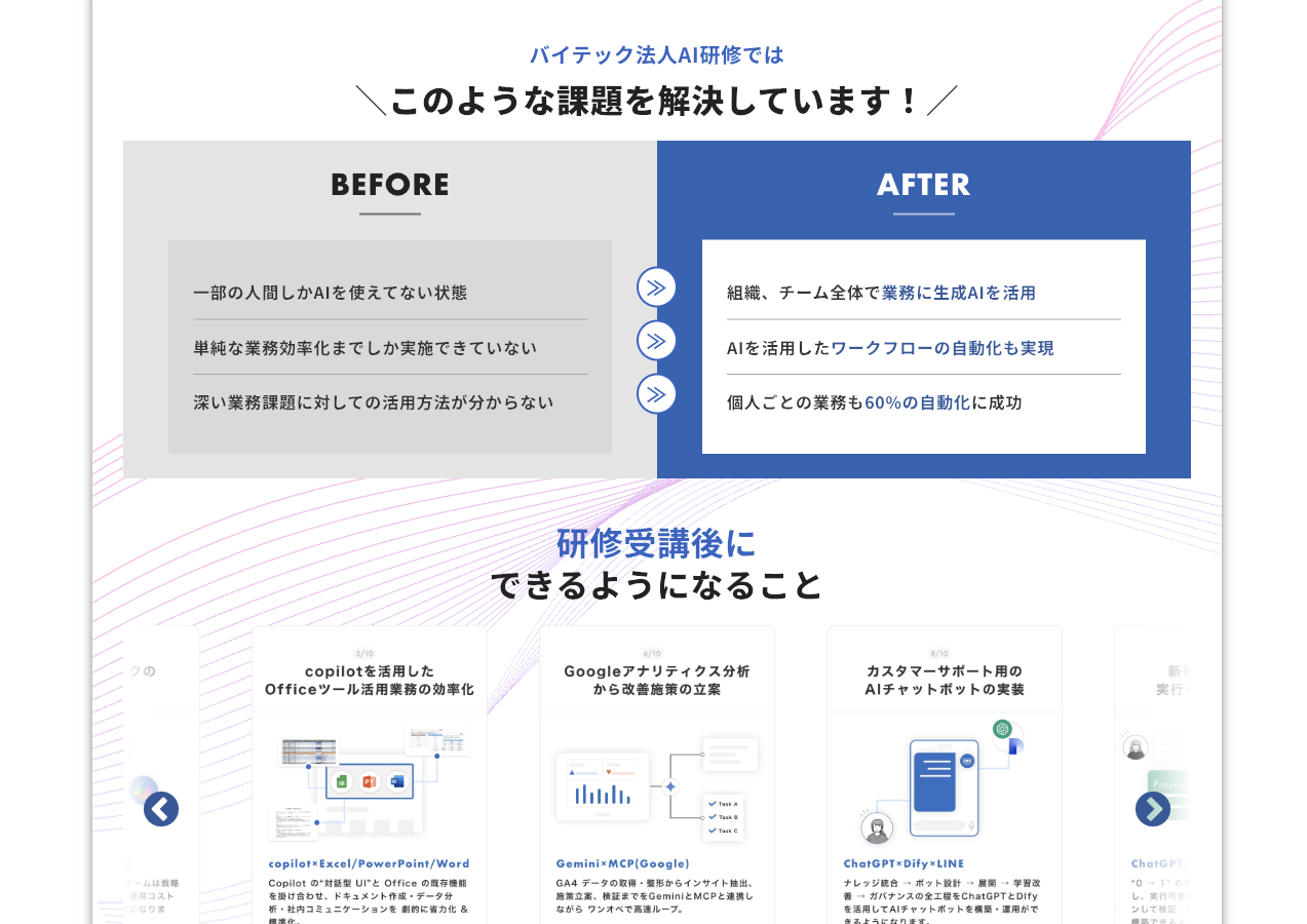 バイテック法人AI研修 公式サイトの「このような課題を解決しています」BEFORE/AFTERと「研修受講後にできるようになること」。2026年9月3日確認