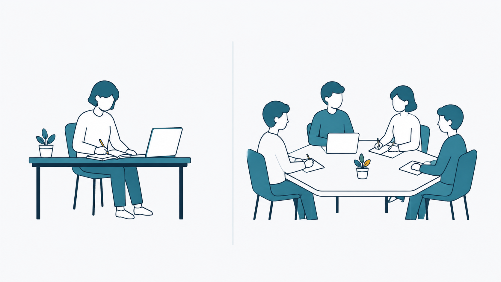 一人で机に向かう人と会議机を囲む4人を縦線で仕切ったイラスト（個人向けと法人向けの違い）