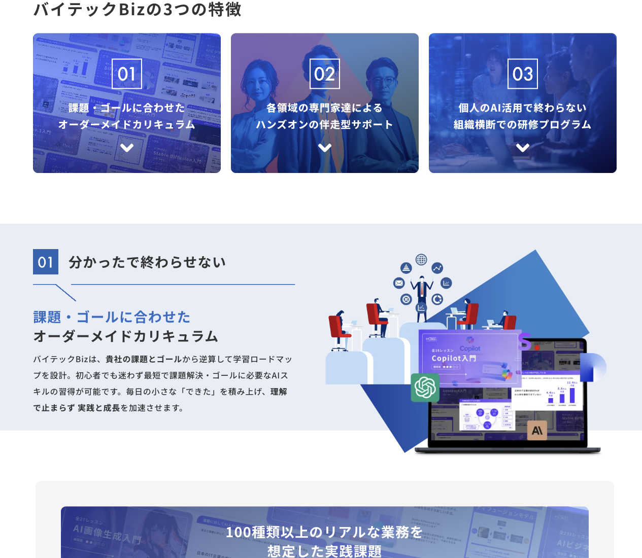 バイテックBiz公式LPの「3つの特徴」。課題・ゴールに合わせたオーダーメイドカリキュラム、各領域の専門家達によるハンズオンの伴走型サポート、個人のAI活用で終わらない組織横断での研修プログラム。2026年9月3日確認