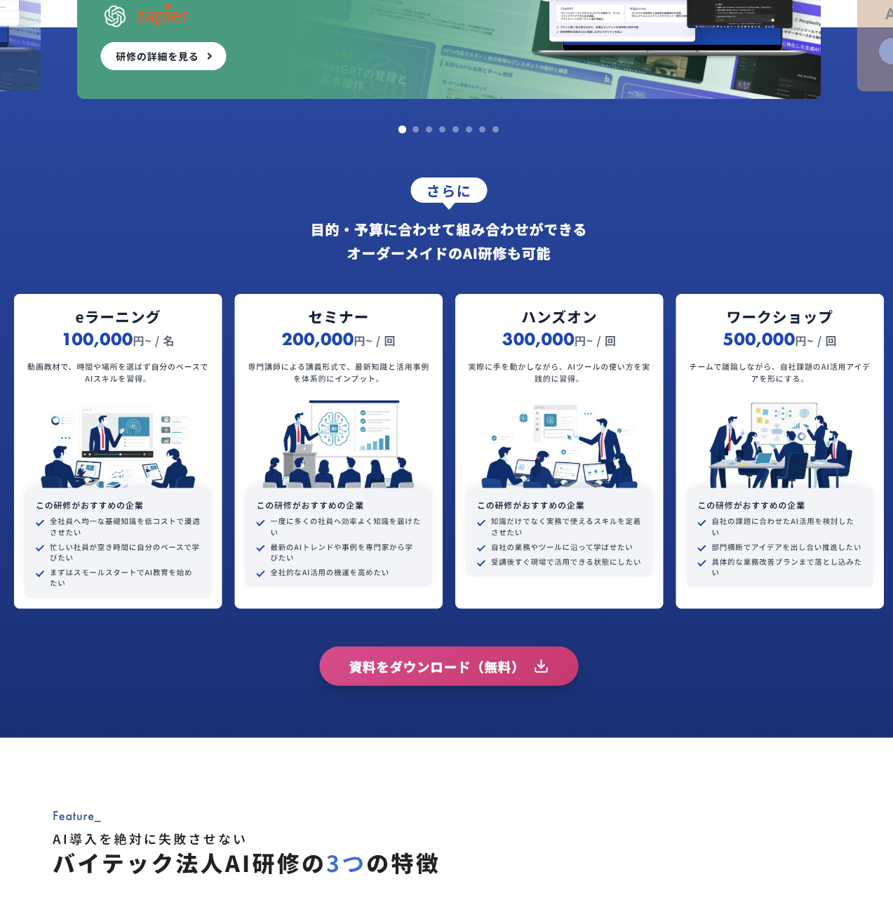 バイテック法人AI研修 公式サイトの「オーダーメイドのAI研修」価格。eラーニング100,000円〜/名、セミナー200,000円〜/回、ハンズオン300,000円〜/回、ワークショップ500,000円〜/回。2026年9月3日確認