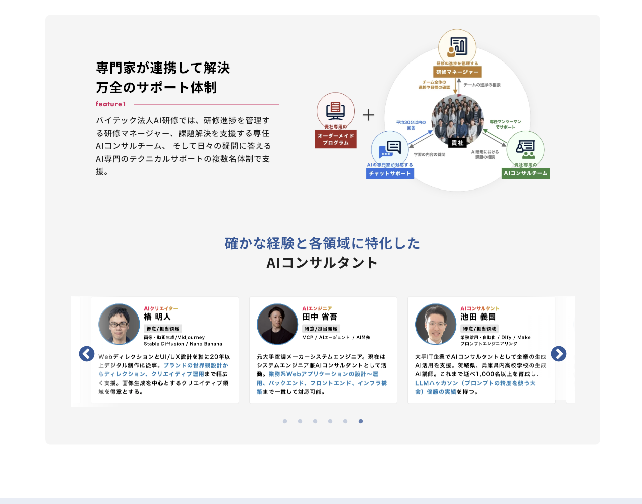 バイテック法人AI研修 公式サイトの「専門家が連携して解決 万全のサポート体制」の図（研修マネージャー・チャットサポート・AIコンサルチーム・オーダーメイドプログラム）とAIコンサルタント紹介。2026年9月3日確認