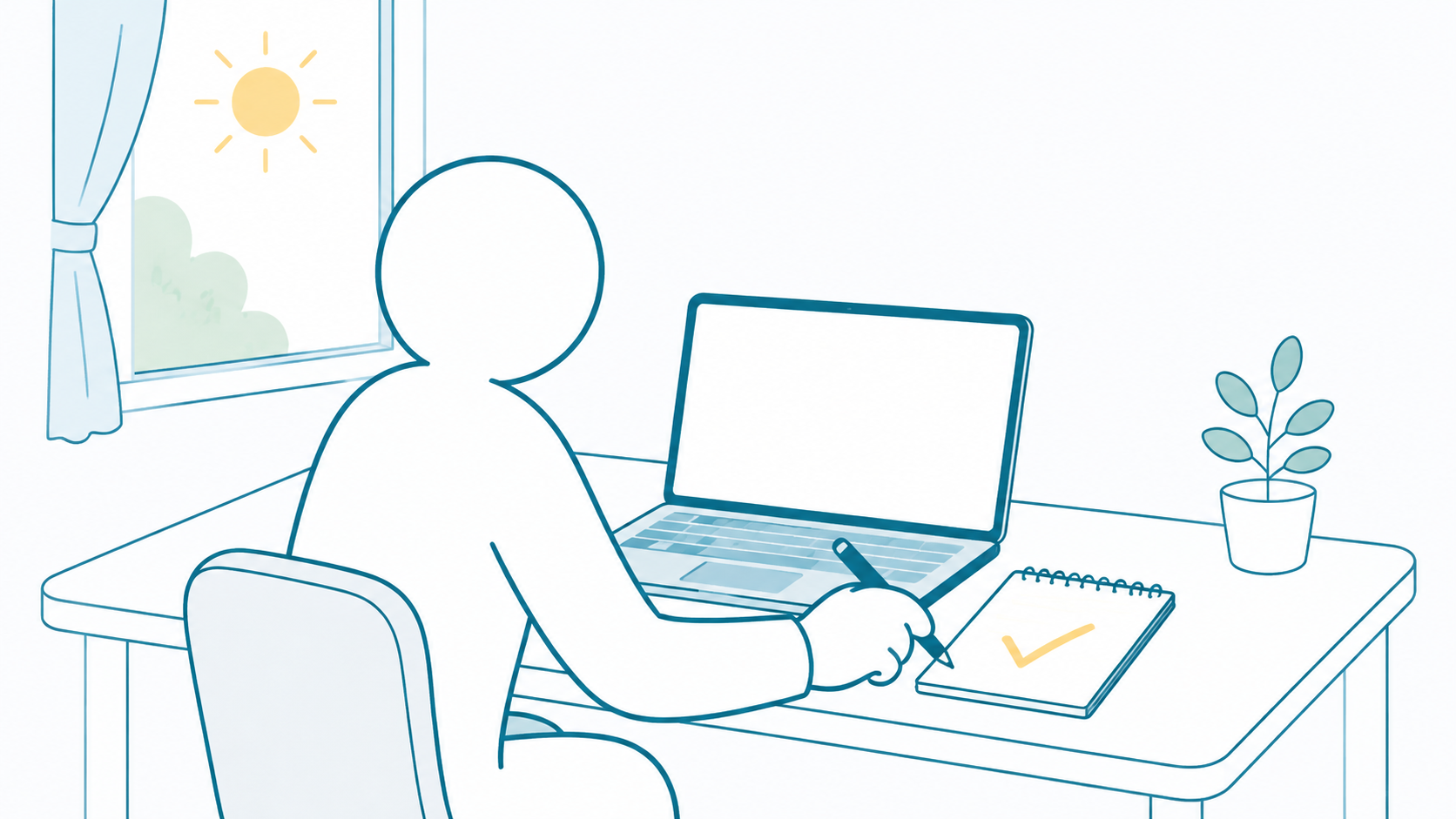 机でノートPCを見てメモにチェックを書く人のイラスト（まとめ）