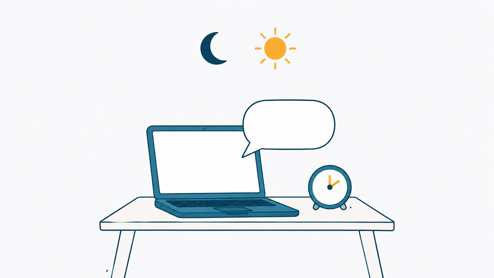ノートPCの横の時計と月と太陽のイラスト（24時間のサポート）