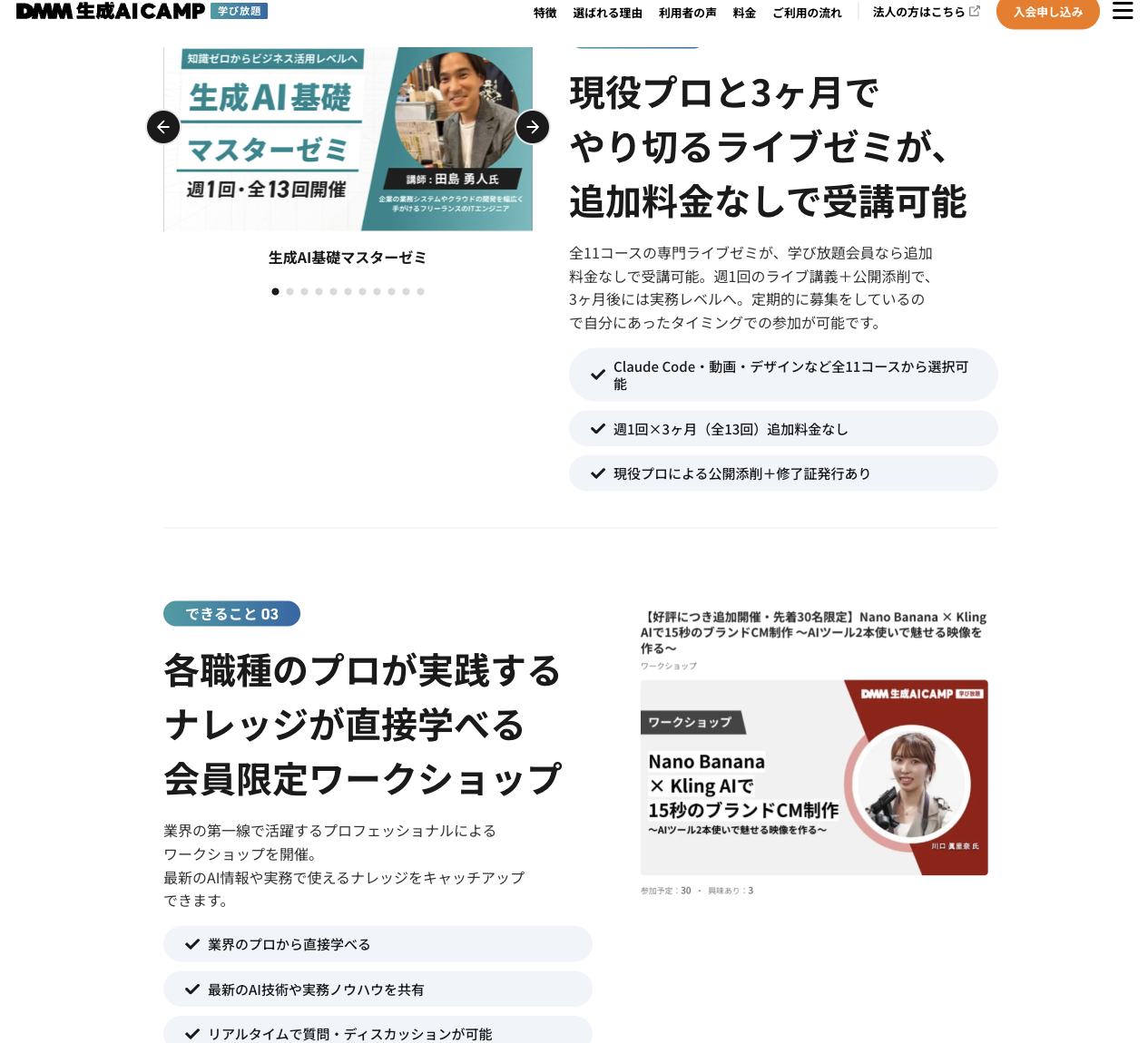 DMM 生成AI CAMP 公式サイトのライブゼミ紹介。「全11コースの専門ライブゼミが、学び放題会員なら追加料金なしで受講可能」「週1回×3ヶ月（全13回）追加料金なし」「現役プロによる公開添削＋修了証発行あり」。2026年9月4日確認