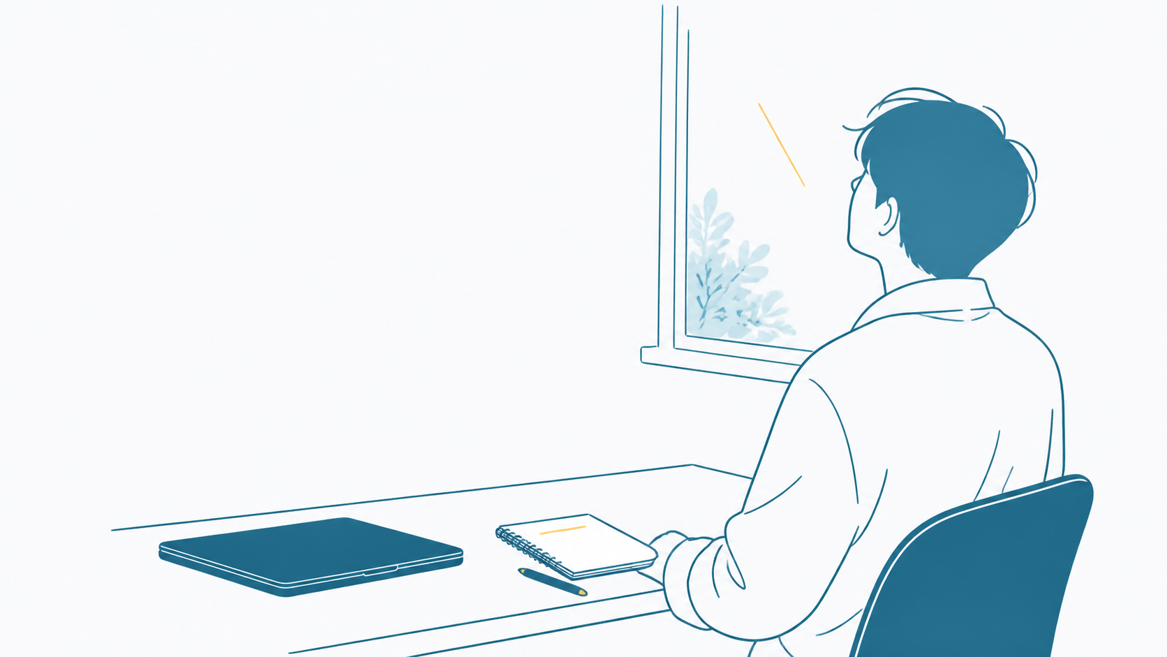 ノートPCを閉じてメモ帳に1行書き終えた人のイメージイラスト