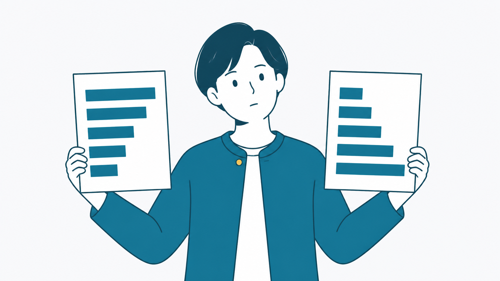 2枚の紙を左右に持ち、長さの違う棒グラフを見比べる人のイメージイラスト