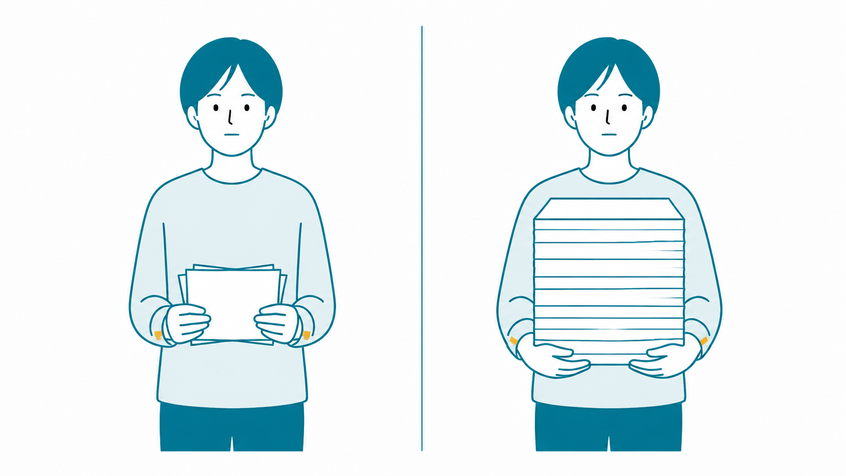 少ない枚数の紙を持つ人と、多い枚数の紙の束を抱える人を左右に並べた対比のイメージイラスト