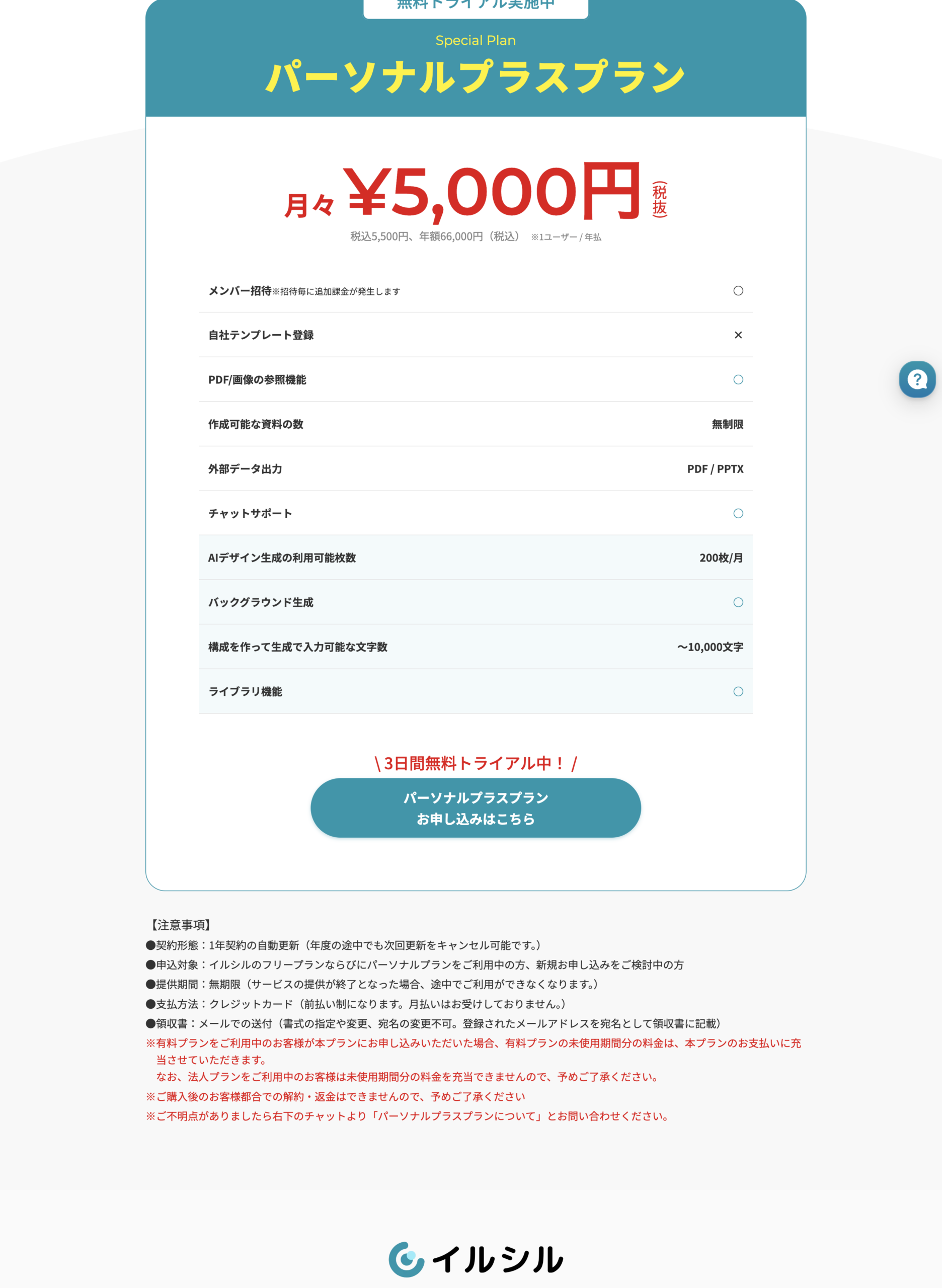 イルシル パーソナルプラスプラン公式LPの料金・機能表。月々5,000円（税抜）、税込5,500円・年額66,000円（税込）年払い、AIデザイン生成200枚/月など。2026年9月2日に公式サイトで確認