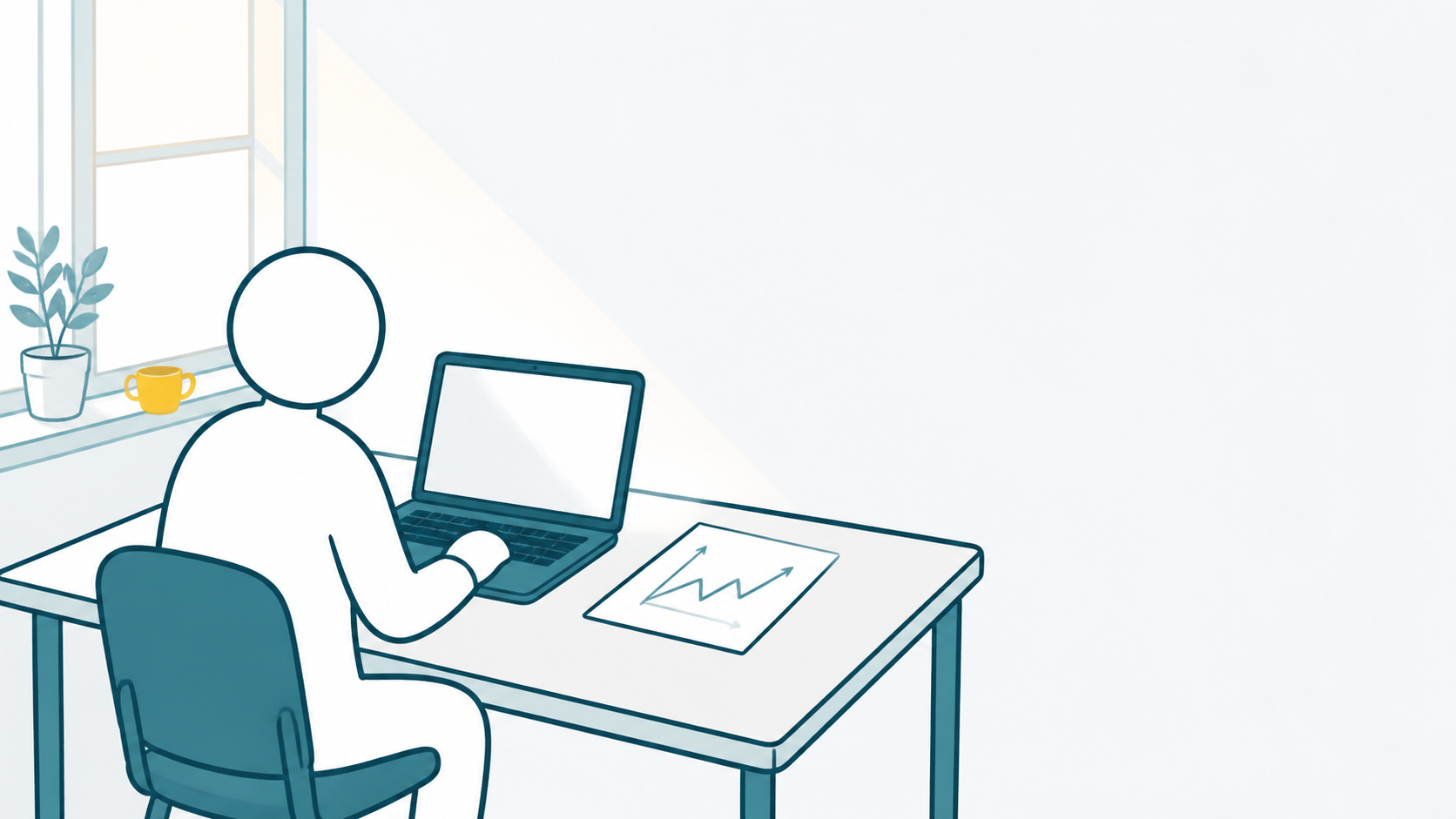 窓辺の机でノートPCと折れ線グラフの紙を前に学ぶ人のイラスト