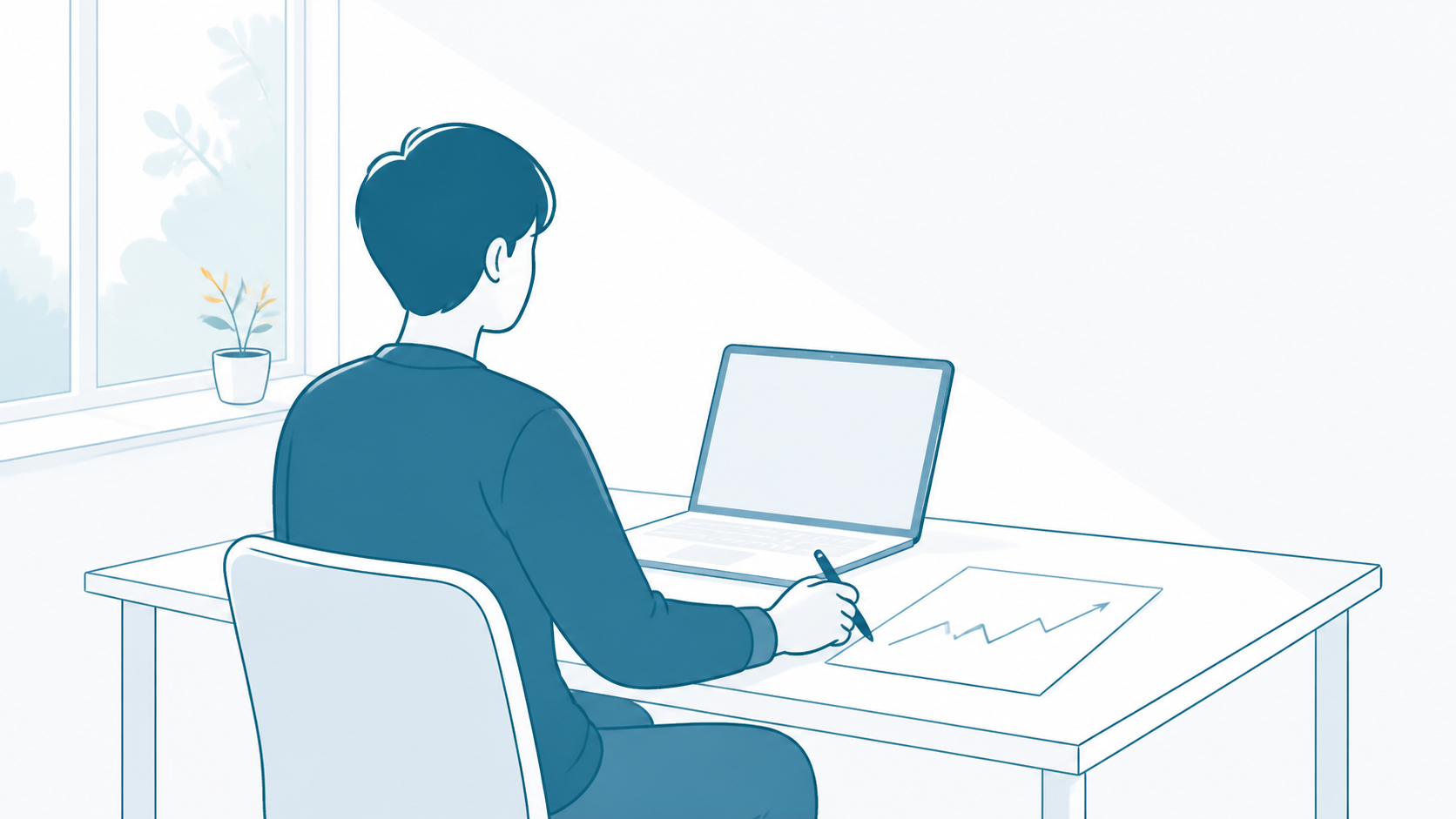 机でノートPCと折れ線グラフの紙を前に学ぶ人のイラスト（結論）