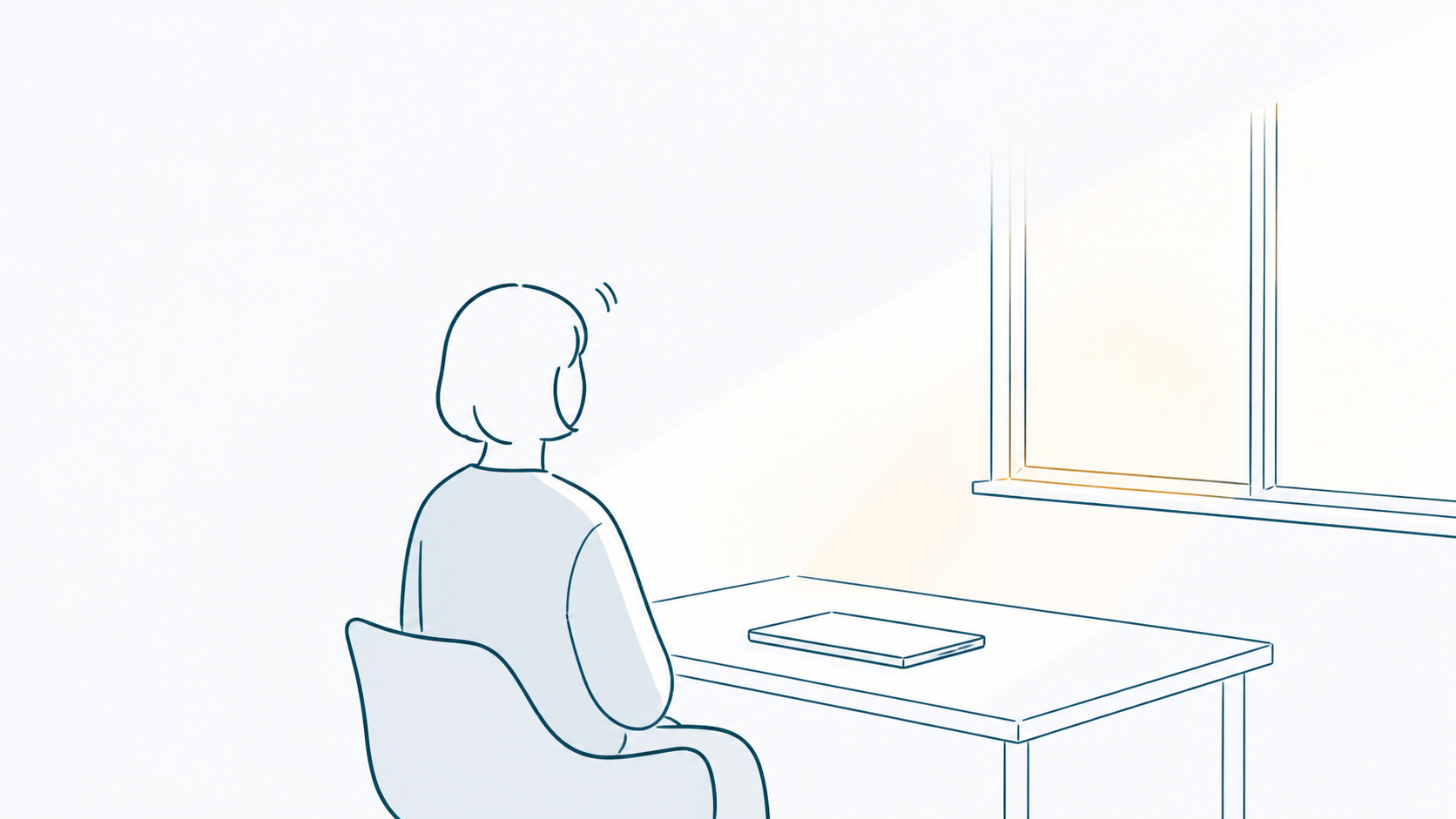 朝の光が差す窓辺の机に座る人のイラスト（まとめ）