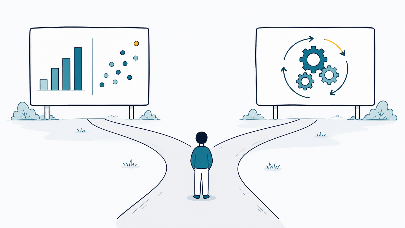 分かれ道の先にグラフの板と歯車の板がある2つの道を眺める人のイラスト（学べる内容）
