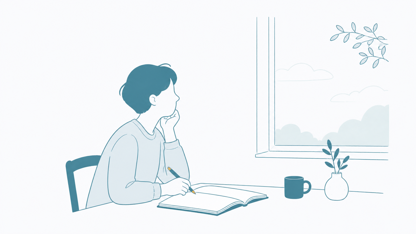 窓辺でノートを開き考えている人のイラスト（検討している方）