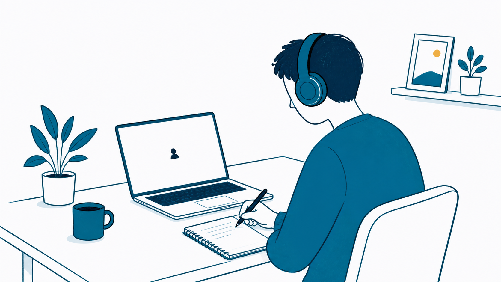ヘッドホンでオンライン説明を聞きながらメモを取る人のイラスト（WEB説明会）