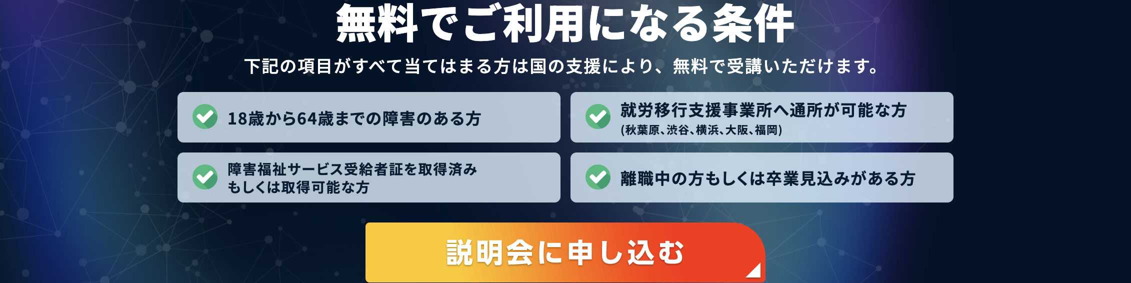Neuro Dive公式LPの「無料でご利用になる条件」。18歳から64歳までの障害のある方／就労移行支援事業所へ通所が可能な方（秋葉原・渋谷・横浜・大阪・福岡）／障害福祉サービス受給者証を取得済みもしくは取得可能な方／離職中の方もしくは卒業見込みがある方。2026年9月3日確認
