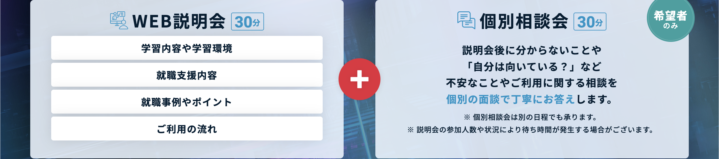 Neuro Dive公式LPの「WEB説明会のご案内」。WEB説明会30分と、希望者のみの個別相談会30分。2026年9月3日確認