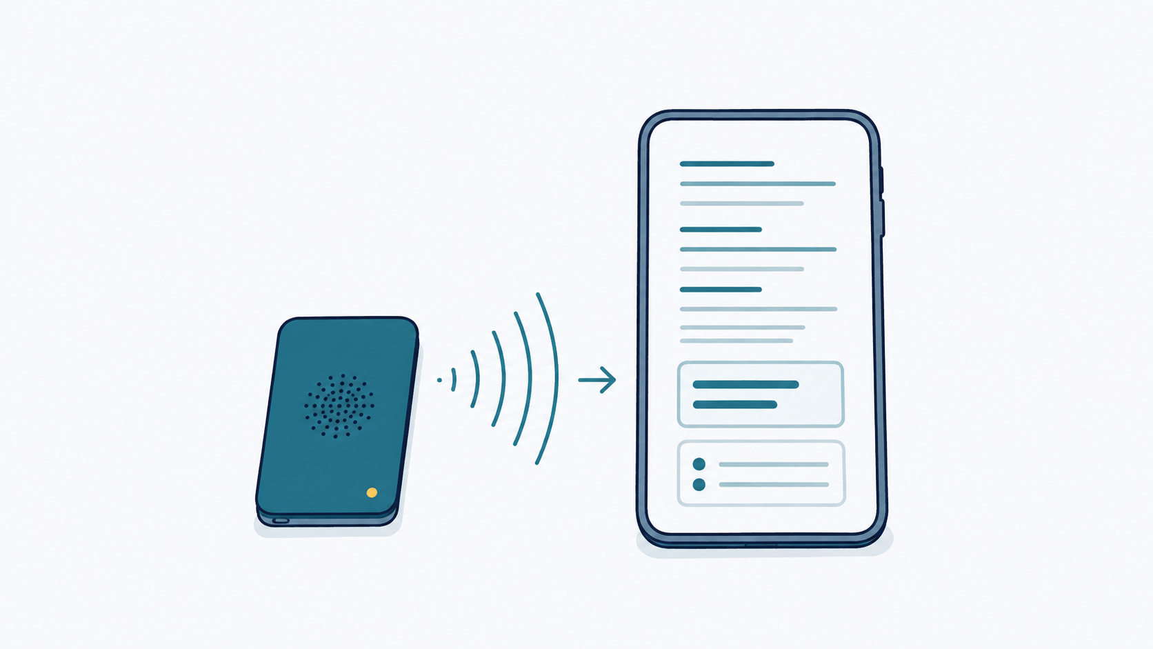 机の上のカード型録音機とスマホ、画面に文字と要約の記号が並ぶイラスト（結論）