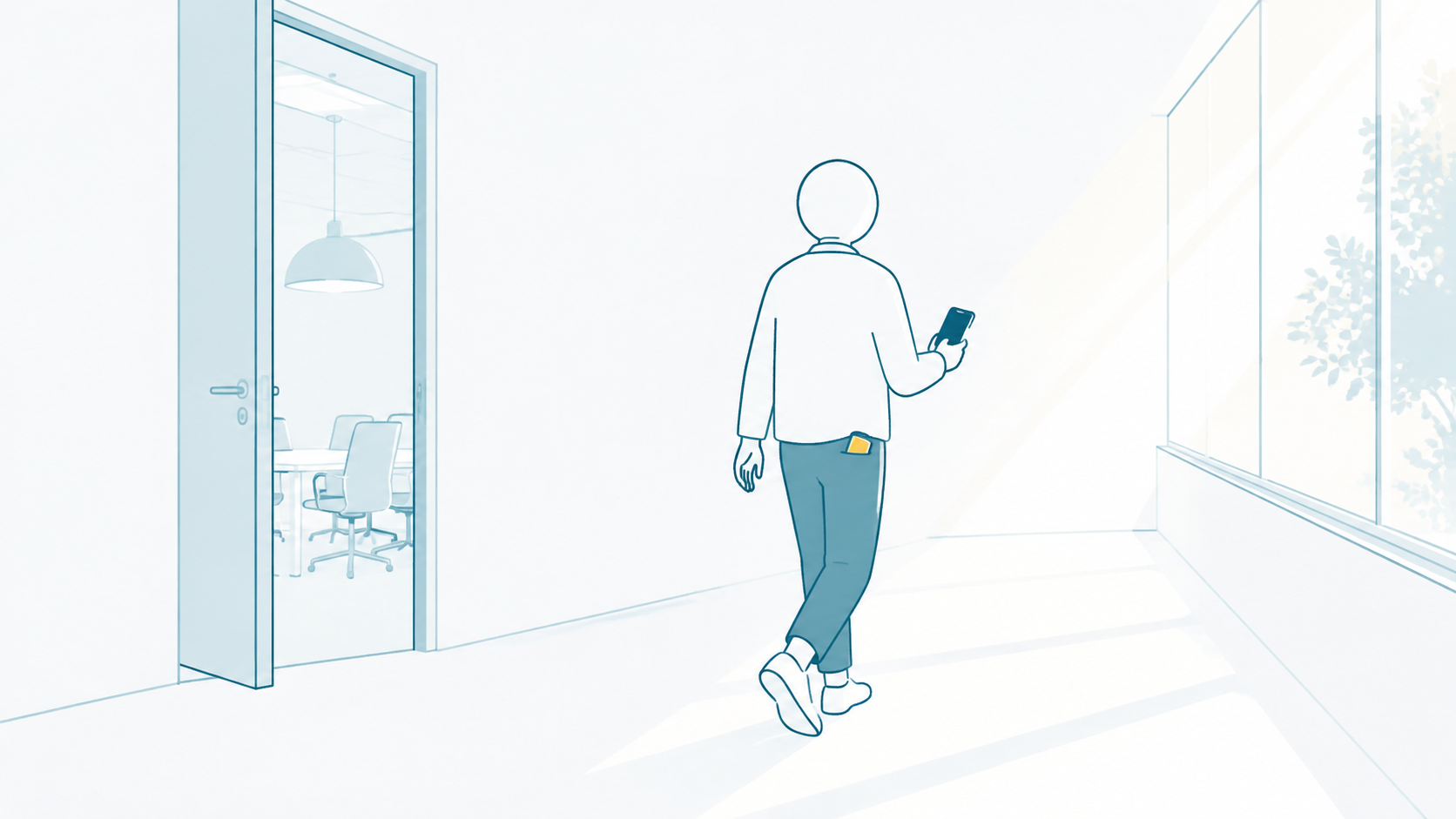 会議室の扉を出て廊下を歩く人の後ろ姿、ポケットからカード状の機器が見えるイラスト（まとめ）