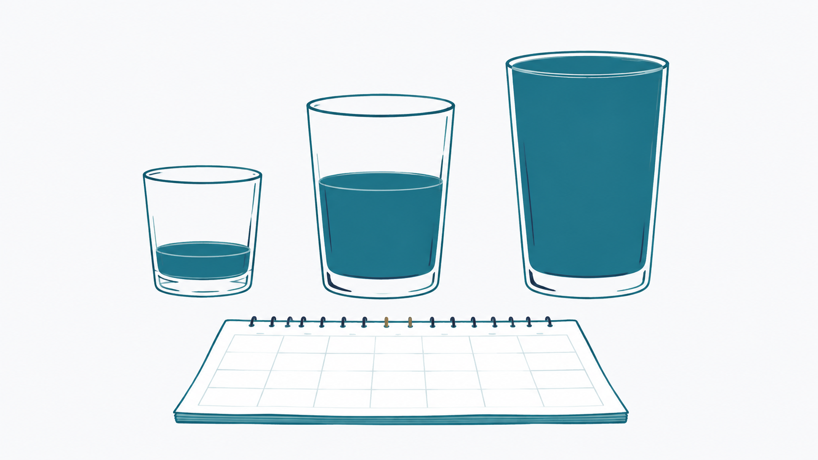 水の量が違う3つのコップとカレンダーのイラスト（月ごとの文字起こし時間）