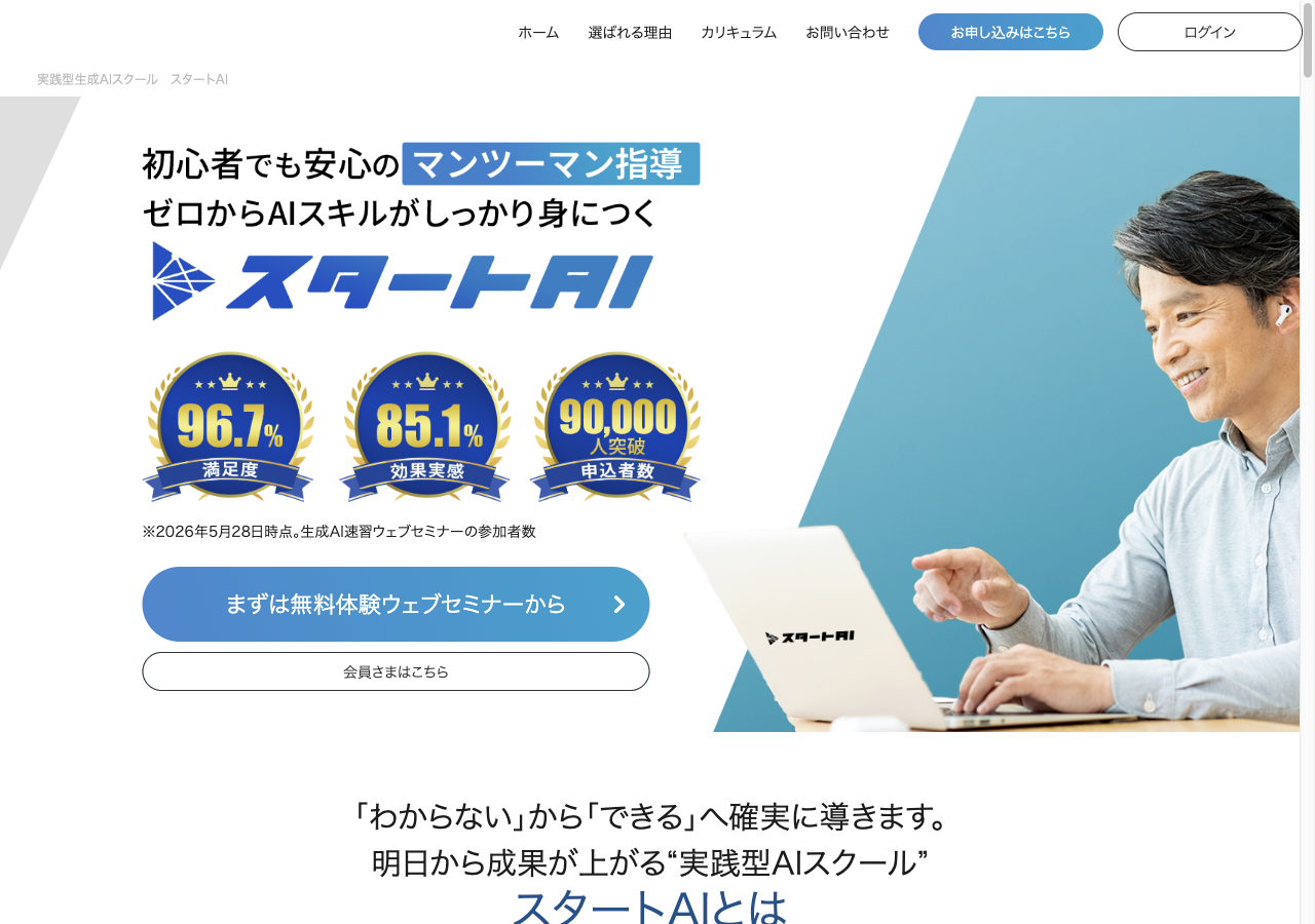 スタートAI公式サイトのファーストビュー。満足度96.7%・効果実感85.1%・申込者数90,000人突破(※2026年5月28日時点・生成AI速習ウェブセミナーの参加者数)。2026年9月4日確認