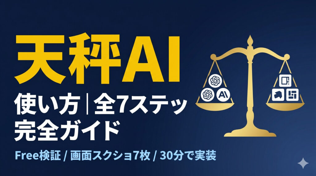 天秤AI 使い方|全7ステップ完全ガイドのアイキャッチ画像(ネイビー×ゴールド・天秤と6AIアイコン)